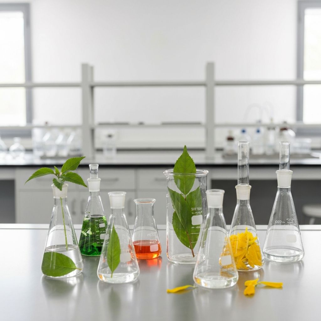 Scientific glass beakers with plant materials