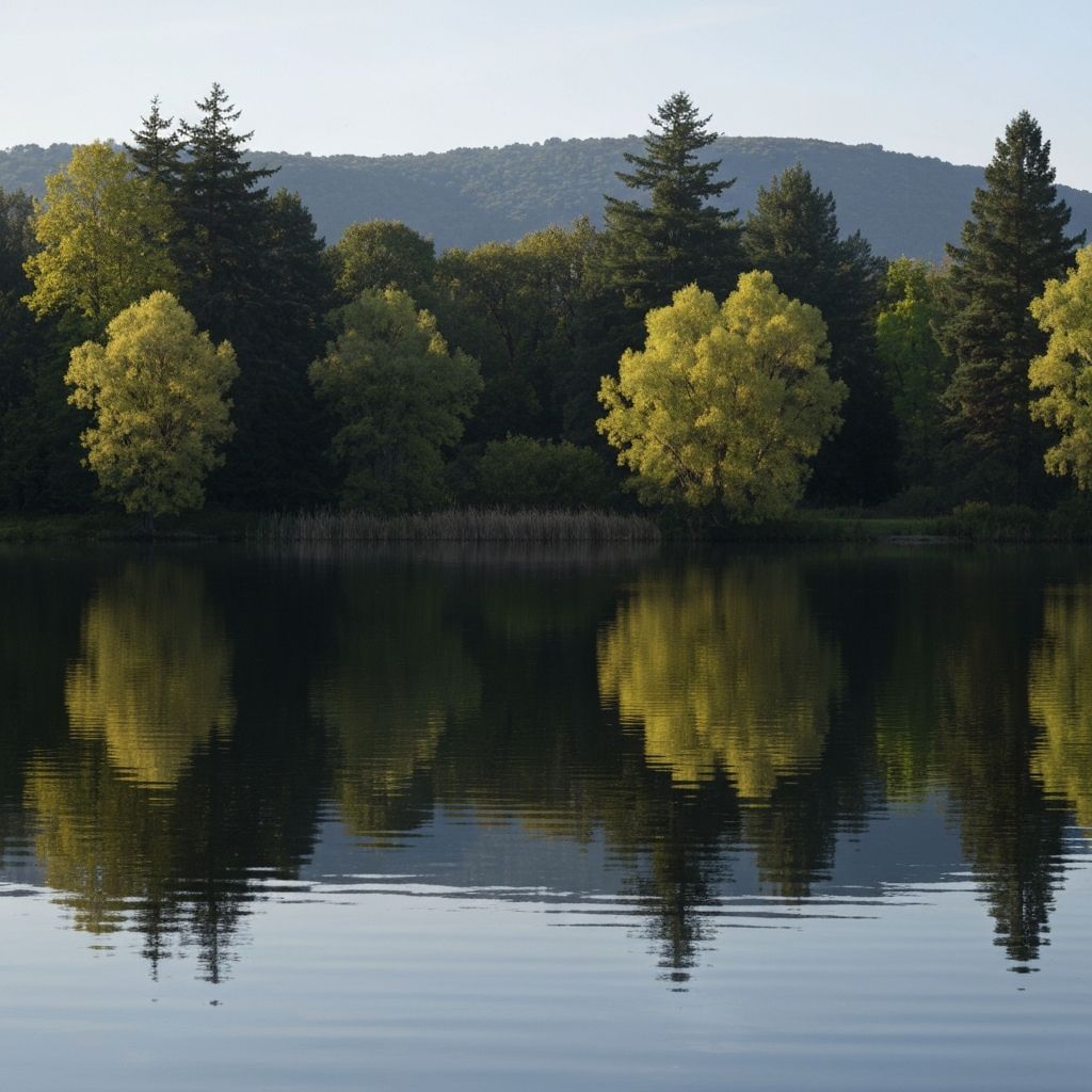 Calm water with natural landscape reflections