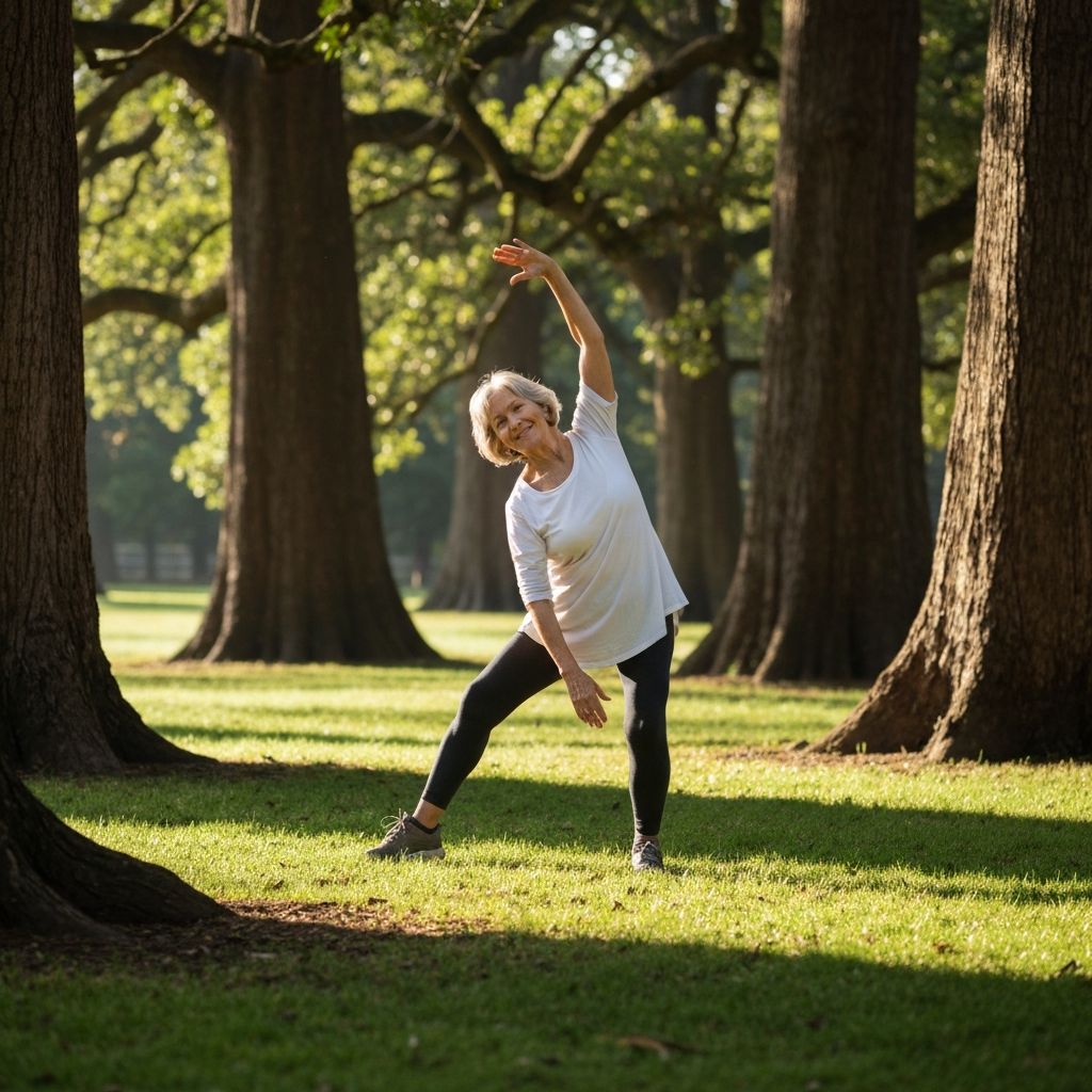 Person stretching in a serene natural setting